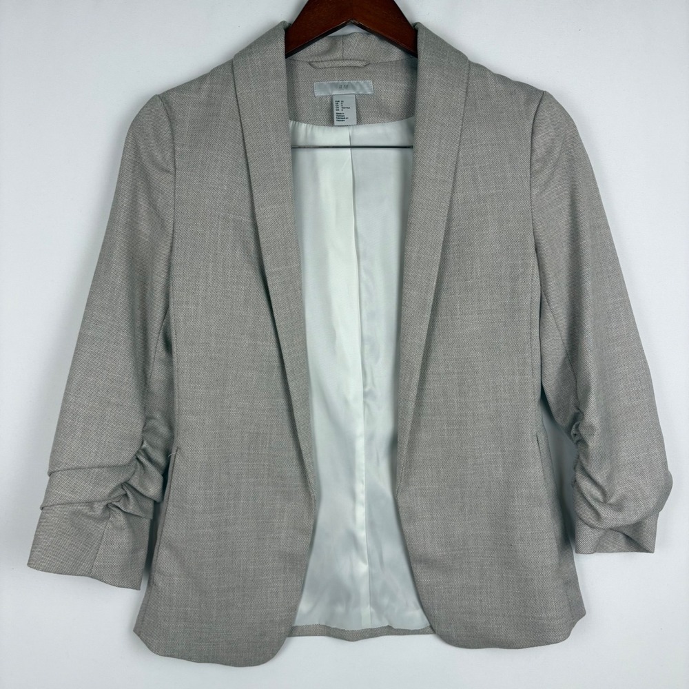 H&M‎ Blazer Women Ruched 3/4 Sleeve Open Front Textured